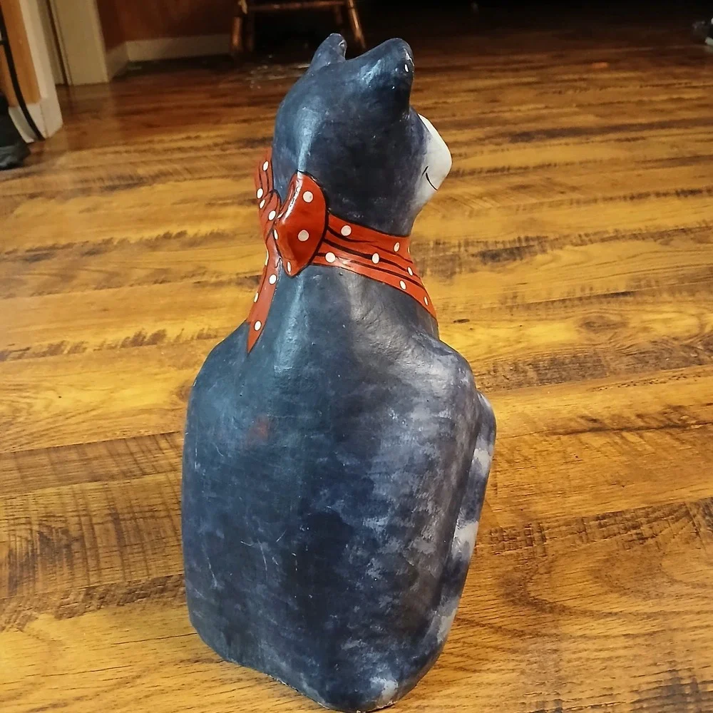 Vtg Paper Mache Cat Sitting Hand Painted Made In Thailand Red Bandana‎ Bow 14